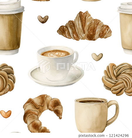 Coffee tea cups and fresh bakery dessert. Hot beverages and pastries. Seamless watercolor pattern on white background for bakery coffee shop design, kitchen textile, fabric, wrapping paper, cozy print 121424296
