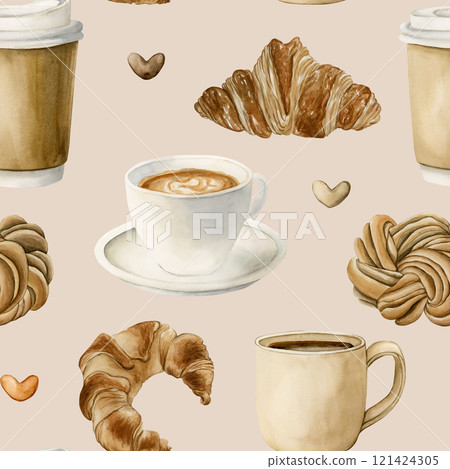 Coffee tea cups and fresh bakery dessert. Hot beverages and pastries. Seamless watercolor pattern on beige background for bakery coffee shop design, kitchen textile, fabric, wrapping paper, cozy print 121424305
