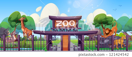 Zoo entrance gates with exotic animals Zoo entrance gates with exotic animals 121424542