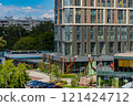 Facade of a modern residential building, building texture 121424712
