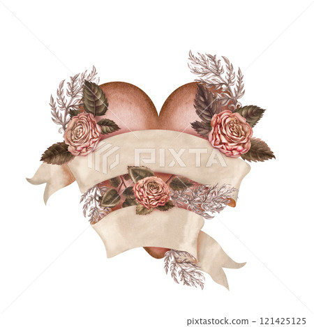Brown heart with blank beige paper banner ribbon, rose flower in mocha mousse palette. Watercolor template illustration. Hand drawn botanical clipart for wedding, Valentine's Day, women's card, poster 121425125