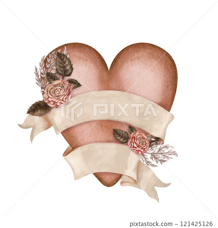 Brown heart with blank beige paper banner ribbon, rose flower in mocha mousse palette. Watercolor template illustration. Hand drawn botanical clipart for wedding, Valentine's Day, women's card, poster Brown heart with blank beige paper banner ribbon, rose flower in mocha mousse palette. Watercolor template illustration. Hand drawn botanical clipart for wedding, Valentine's Day, women's card, poster 121425126