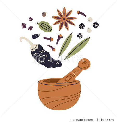 Vector illustration of wooden mortar and pestle with spices like pepper, bay, cardamom, anise, and clove. Flat cartoon style for seasoning, doodle composition kitchen, and cooking themes Vector illustration of wooden mortar and pestle with spices like pepper, bay, cardamom, anise, and clove. Flat cartoon style for seasoning, doodle composition kitchen, and cooking themes 121425329
