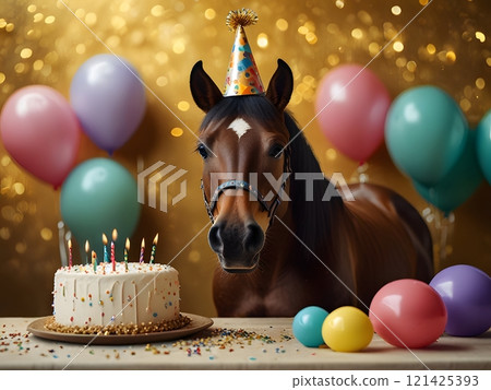 horse in a party hat sitting in front of cake with candles, holiday, congratulations, birthday card 121425393