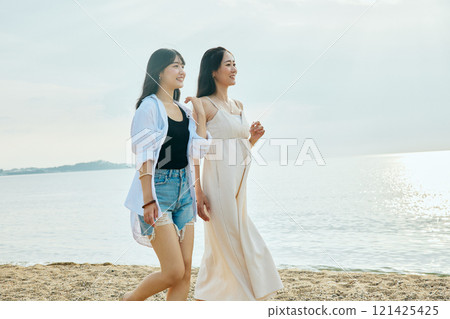 在夏季海灘上散步的女人 121425425