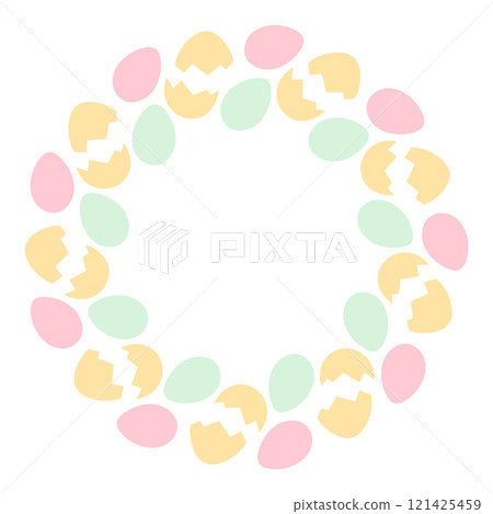 Painted cracked and whole Eggs Round Frame border in trendy Easter shades. Copy space Template idea Painted cracked and whole Eggs Round Frame border in trendy Easter shades. Copy space Template idea 121425459