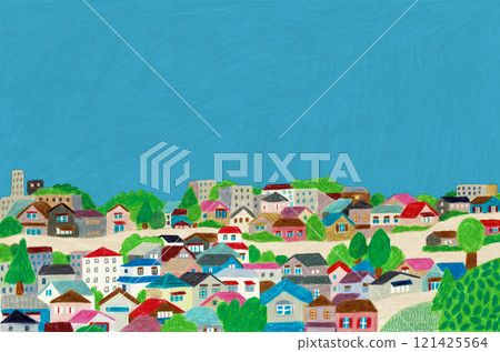 Hand-drawn illustration: Cityscape with sky and greenery 121425564