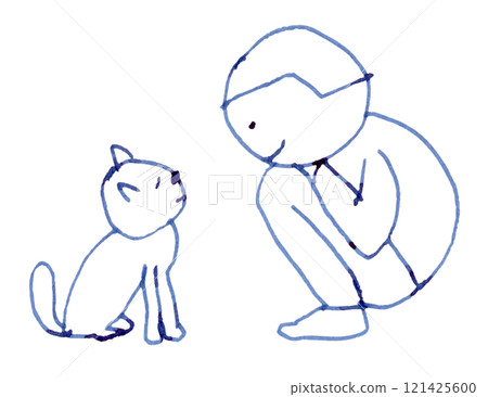 Line drawing illustration of a child crouching and talking to a cat, hand-drawn_fountain pen blue-black dye ink 121425600
