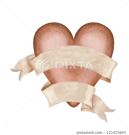 Brown heart with blank beige paper banner ribbon in mocha mousse palette. Watercolor template illustration. Clipart for wedding, Valentine's Day, women's card, poster, mother's day, web design Brown heart with blank beige paper banner ribbon in mocha mousse palette. Watercolor template illustration. Clipart for wedding, Valentine's Day, women's card, poster, mother's day, web design 121425605