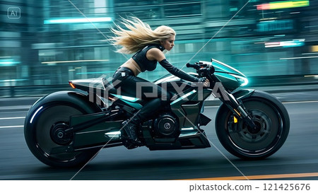 A woman riding a motorcycle on a city street at high speed, with urban background 121425676