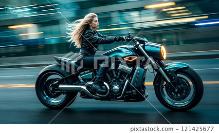 A woman riding a motorcycle on a city street at high speed, with urban background A woman riding a motorcycle on a city street at high speed, with urban background 121425677
