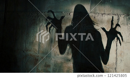 A cinematic wide-angle shot of a shadow cast by a hooded person on a wall. Generative AI 121425805