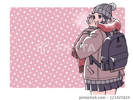 一個女孩溫暖她冰冷的手的插圖 121425824