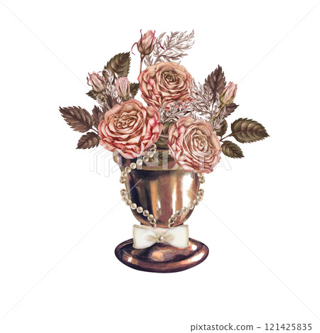 Watercolor bouquet of roses with a pearl heart in a vase in pink, mocha mousse palette. Botanical clipart for wedding, Valentine's Day, poster, postcard, women's card, poster, mother's day, web design 121425835