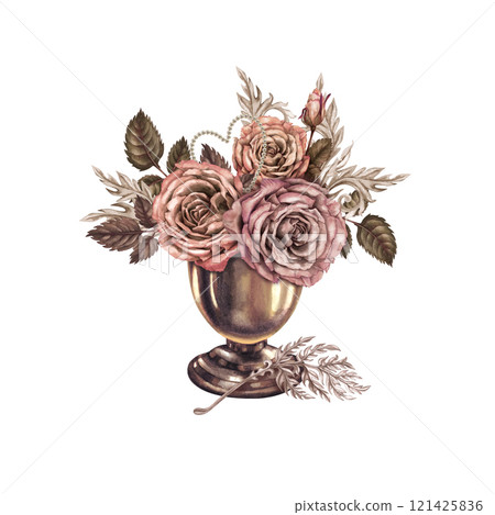 Watercolor bouquet of roses with a pearl heart in a vase in pink, mocha mousse palette. Botanical clipart for wedding, Valentine's Day, poster, postcard, women's card, poster, mother's day, web design 121425836