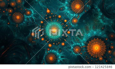 A mesmerizing teal psychedelic texture adorned with dark prismatic blue accents, creating an intense and visually captivating effect.  Generative AI 121425846