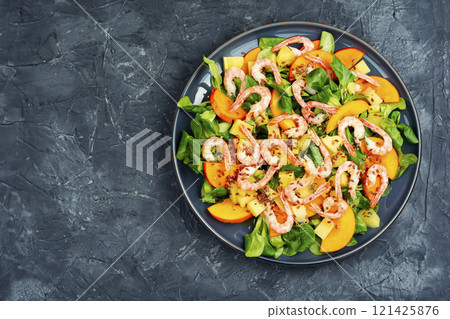 Fruit salad with shrimp and persimmon. Fruit salad with shrimp and persimmon. 121425876