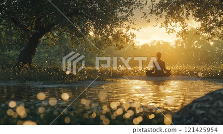 A serene meditation scene depicting a person sitting cross-legged in a natural setting, radiating gratitude, inner peace, and fulfillment. Generative AI 121425954