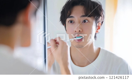 Japanese man brushing his teeth while looking in the mirror 121426117