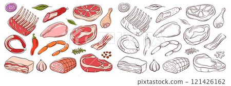 Set of meat products sausage, meat, steak, chicken leg, fillet, ribs, steak, bacon, ham and vegetable. Line art flat design of pieces of meat. Isolated on white background. Set of meat products sausage, meat, steak, chicken leg, fillet, ribs, steak, bacon, ham and vegetable. Line art flat design of pieces of meat. Isolated on white background. 121426162