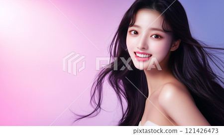 Advertising shoot of young and pretty Asian female model. Beauty fashion portrait. 121426473