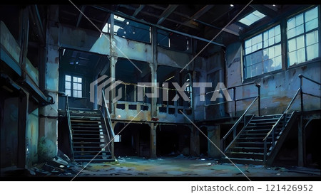 Game background: Inside an abandoned, decommissioned factory 121426952