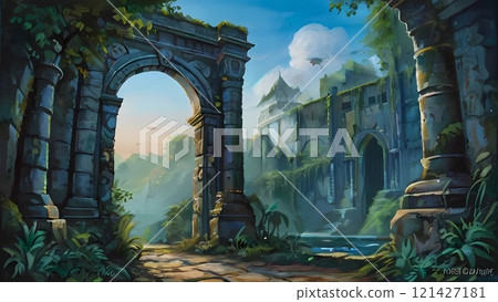 遊戲背景:破碎的古文明神廟遺址、湖泊、地平線 遊戲背景:破碎的古文明神廟遺址、湖泊、地平線 121427181