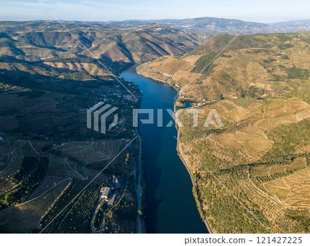 Douro Valley and Douro River on Sunny Morning. Green Hills and Mountains. Portugal 121427225