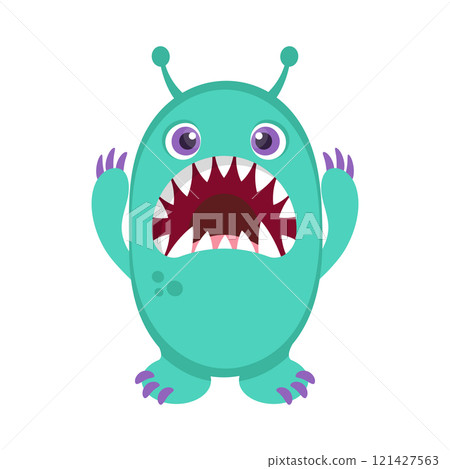 Cute cartoon green monster in childish style with big mouth and fangs. Vector illustration Cute cartoon green monster in childish style with big mouth and fangs. Vector illustration 121427563