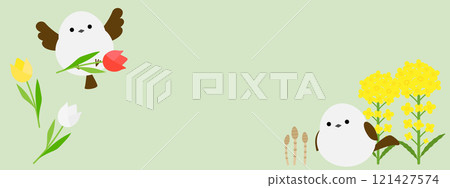 Spring banner with cute long-tailed tit Spring banner with cute long-tailed tit 121427574