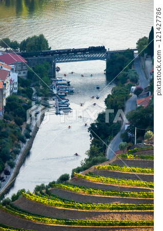 Douro Valley and Touristic Old Historical Train on River. Portugal 121427786