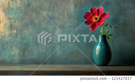 Red flowers in a blue vase, simple still life photography in vintage style Red flowers in a blue vase, simple still life photography in vintage style 121427817