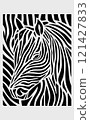 A stylized black-and-white line art of a zebra's face with flowing stripes 121427833