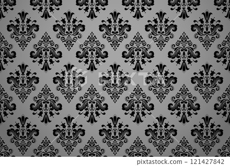 Wallpaper in the style of Baroque. Seamless vector background. Gray and black floral ornament. Graphic pattern for fabric, wallpaper, packaging. Ornate Damask flower ornament 121427842