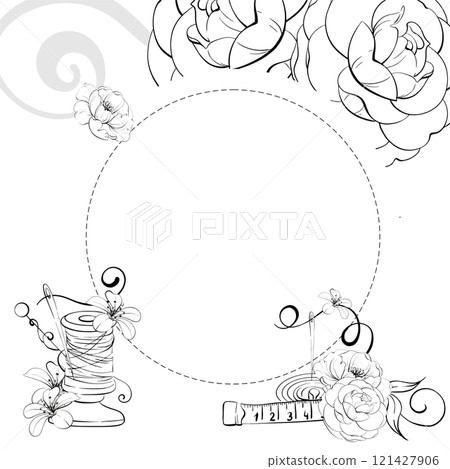 Vintage sewing tools template - ,scissors, buttons, pin, Centimeter and mannequin. Circle frame for design with flowers. Vintage old fashion, tailoring for postcard, fabric, printing. Graphic vector Vintage sewing tools template - ,scissors, buttons, pin, Centimeter and mannequin. Circle frame for design with flowers. Vintage old fashion, tailoring for postcard, fabric, printing. Graphic vector 121427906