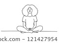 Woman is sitting cross legged on the floor with her hands on her knees 121427954