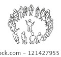 Group of people are standing in a circle with a man in the center 121427955