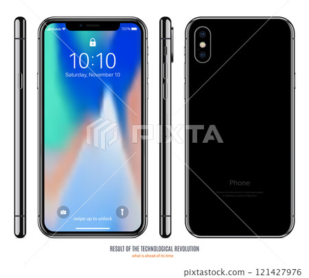 smartphone mockup in black colorful with colored screen front, back and side on white background. stock vector illustration eps10 121427976