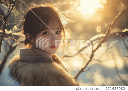 美麗的日本女人在白雪皚皚的森林中微笑，陽光透過樹林-真人風格- 121427983
