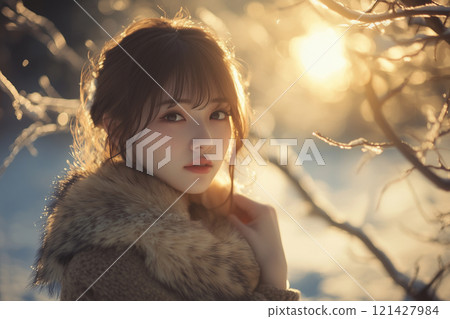 美麗的日本女人在白雪皚皚的森林中微笑，陽光透過樹林-真人風格- 121427984