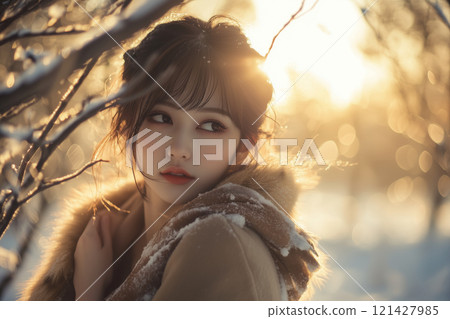 A beautiful Japanese woman smiling in a snowy forest with sunlight filtering through the trees - Live action style - 121427985