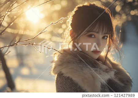 美麗的日本女人在白雪皚皚的森林中微笑，陽光透過樹林-真人風格- 121427989