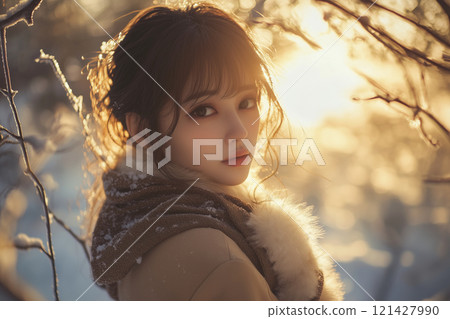 美麗的日本女人在白雪皚皚的森林中微笑，陽光透過樹林-真人風格- 121427990