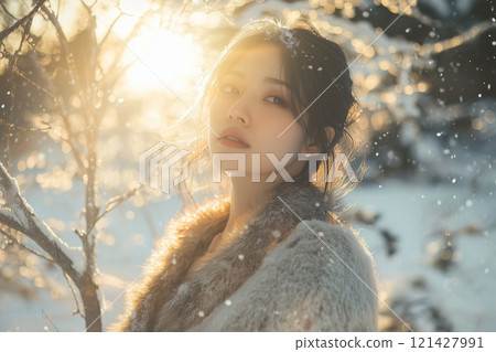 美麗的日本女人在白雪皚皚的森林中微笑，陽光透過樹林-真人風格- 121427991