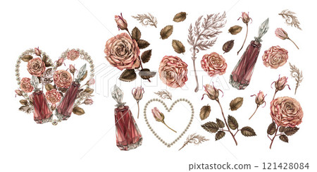 Set of elements for watercolor composition with pearl heart, perfumes, roses in pink, brown mocha mousse palette. Botanical clipart for wedding, valentine's day, women's card, poster, web design Set of elements for watercolor composition with pearl heart, perfumes, roses in pink, brown mocha mousse palette. Botanical clipart for wedding, valentine's day, women's card, poster, web design 121428084