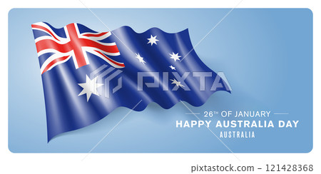 Australia day vector banner, greeting card. Australian wavy flag 121428368