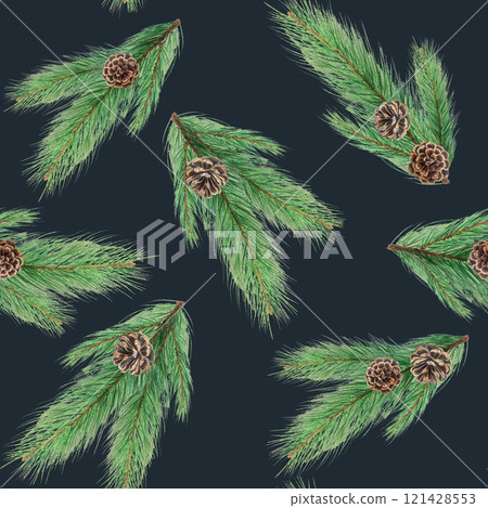 Pine branch with a pine cone watercolor illustration on dark background. High quality hand painted plant design element perfect for cards, banners, posters, patterns, Christmas and New Year decor 121428553
