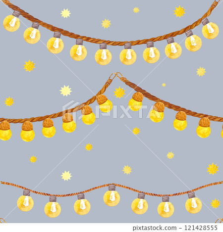 Outdoor string lights, jute rope, stars seamless pattern on grey background. Hand painted in watercolor. Natural high quality string for eco design, packages, labels, interior decor, cards, posters Outdoor string lights, jute rope, stars seamless pattern on grey background. Hand painted in watercolor. Natural high quality string for eco design, packages, labels, interior decor, cards, posters 121428555