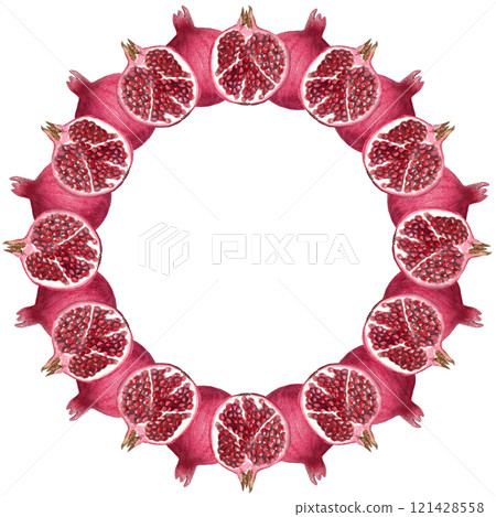 An open pomegranate watercolor round frame isolated on white. The hand-painted illustration cis perfect for culinary designs, kitchen, home decor, prints, cards, juice packages. Autumn harvest clip An open pomegranate watercolor round frame isolated on white. The hand-painted illustration cis perfect for culinary designs, kitchen, home decor, prints, cards, juice packages. Autumn harvest clip 121428558