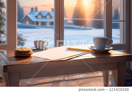 Cozy corner with coffee, paper for writing and drawing by terrace window of country house overlooking snowy village 121428588